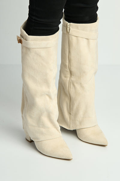 Nude - Ayla Block Heel Pointy Toe Gold Trim Buckle Collar Covered Calfboots In Nude Matt by Miss Diva