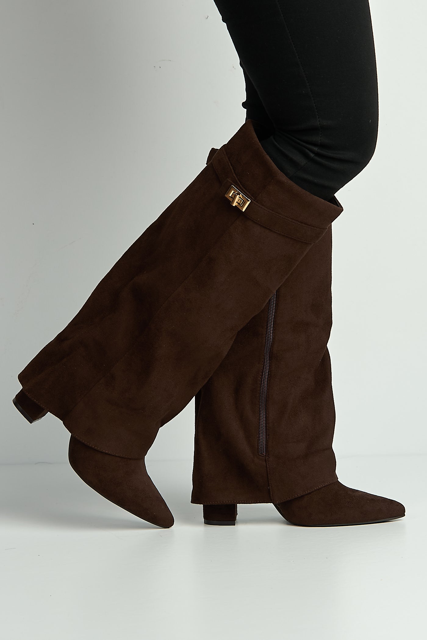 Ayla Block Heel Pointy Toe Gold Trim Buckle Collar Covered Calfboots In Chocolate BAILEYS14-CHOC