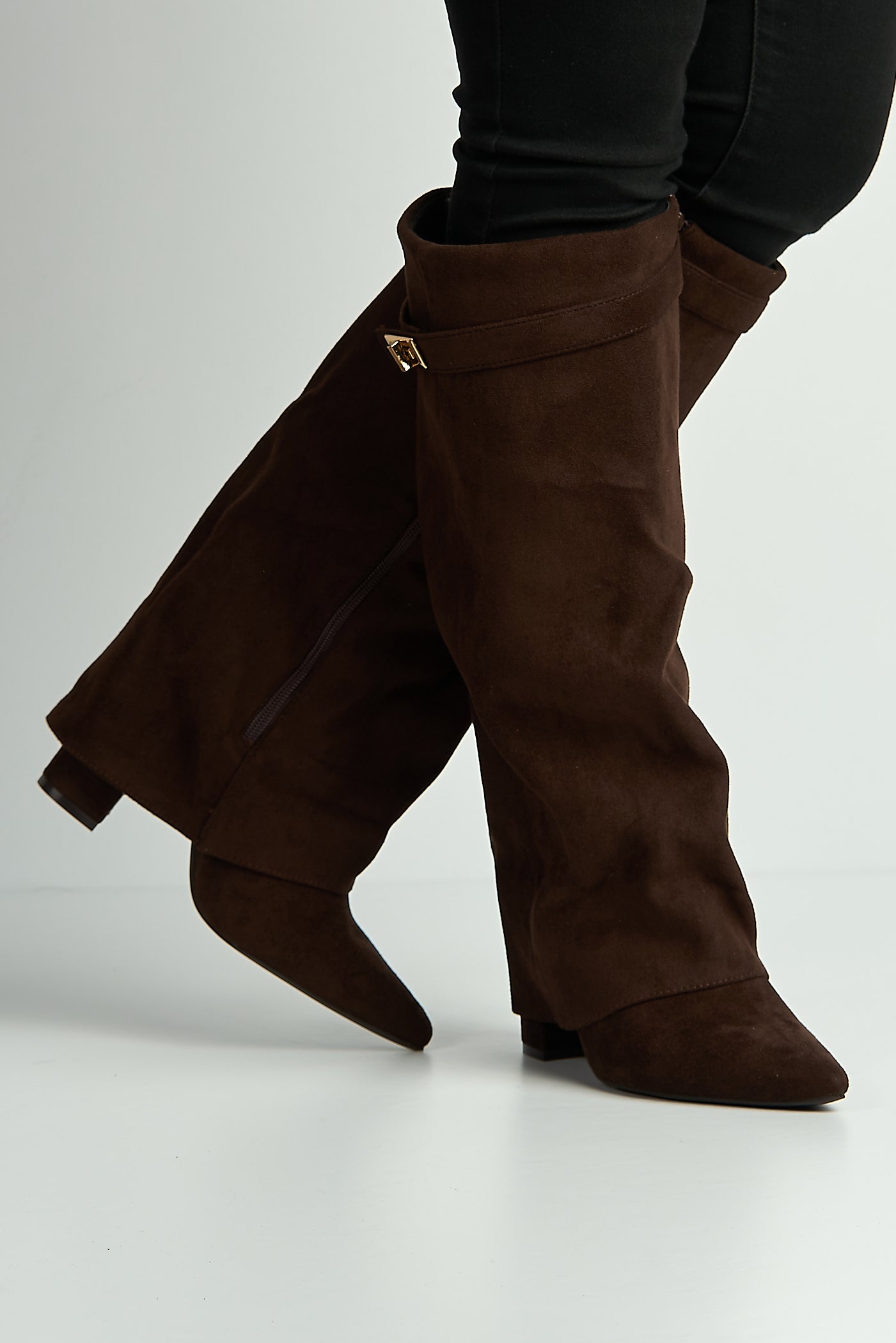 Ayla Block Heel Pointy Toe Gold Trim Buckle Collar Covered Calfboots In Chocolate BAILEYS14-CHOC
