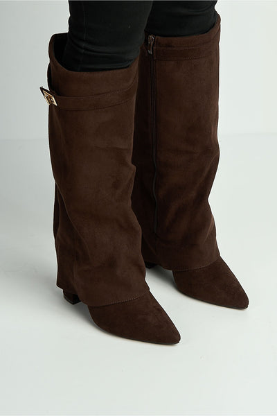 Chocolate - Ayla Block Heel Pointy Toe Gold Trim Buckle Collar Covered Calfboots In Chocolate by Miss Diva