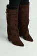 Ayla Block Heel Pointy Toe Gold Trim Buckle Collar Covered Calfboots In Chocolate by Miss Diva