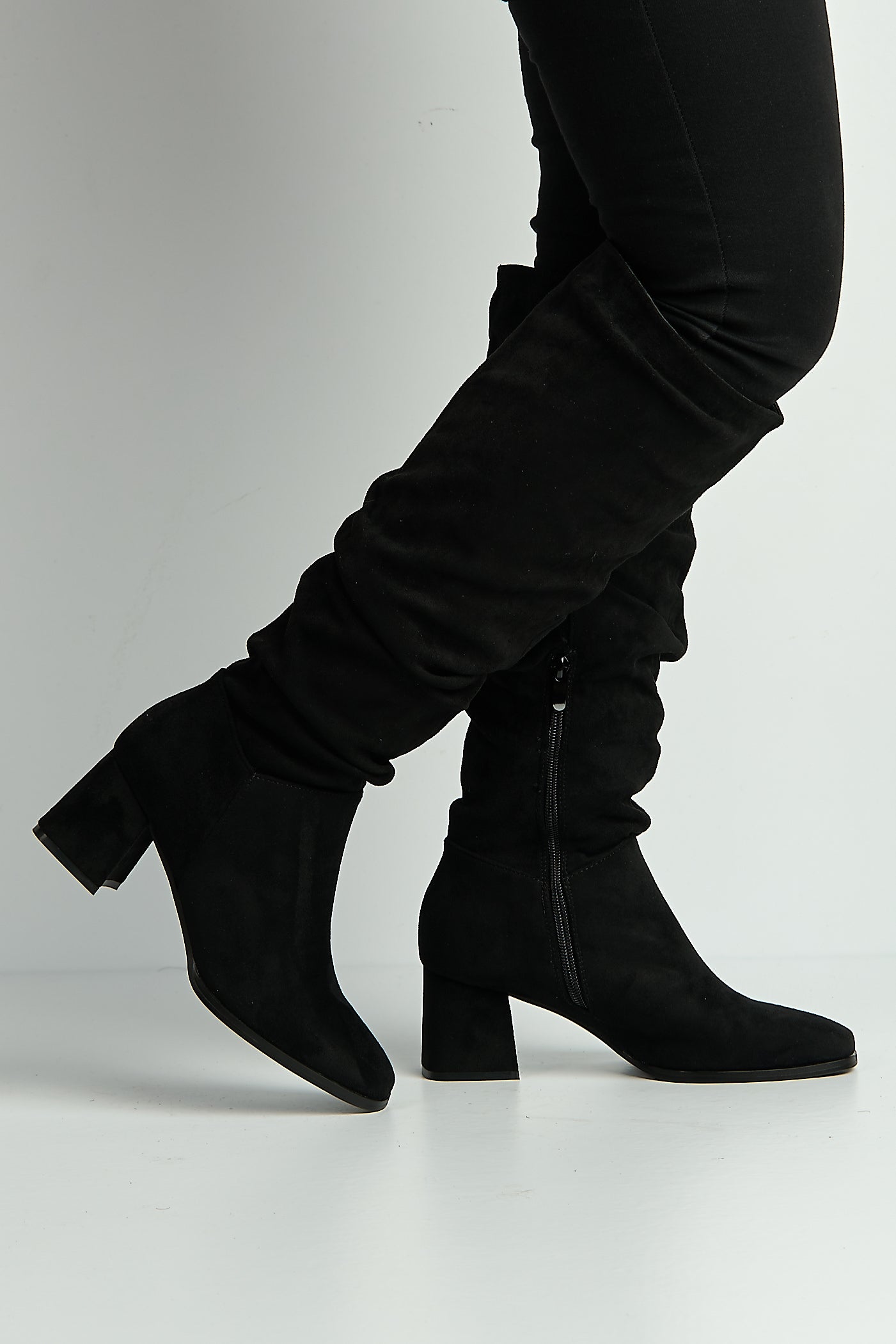 Giana Rouched Block Heel Knee High Boots In Black Suede LS9817-BLKSU
