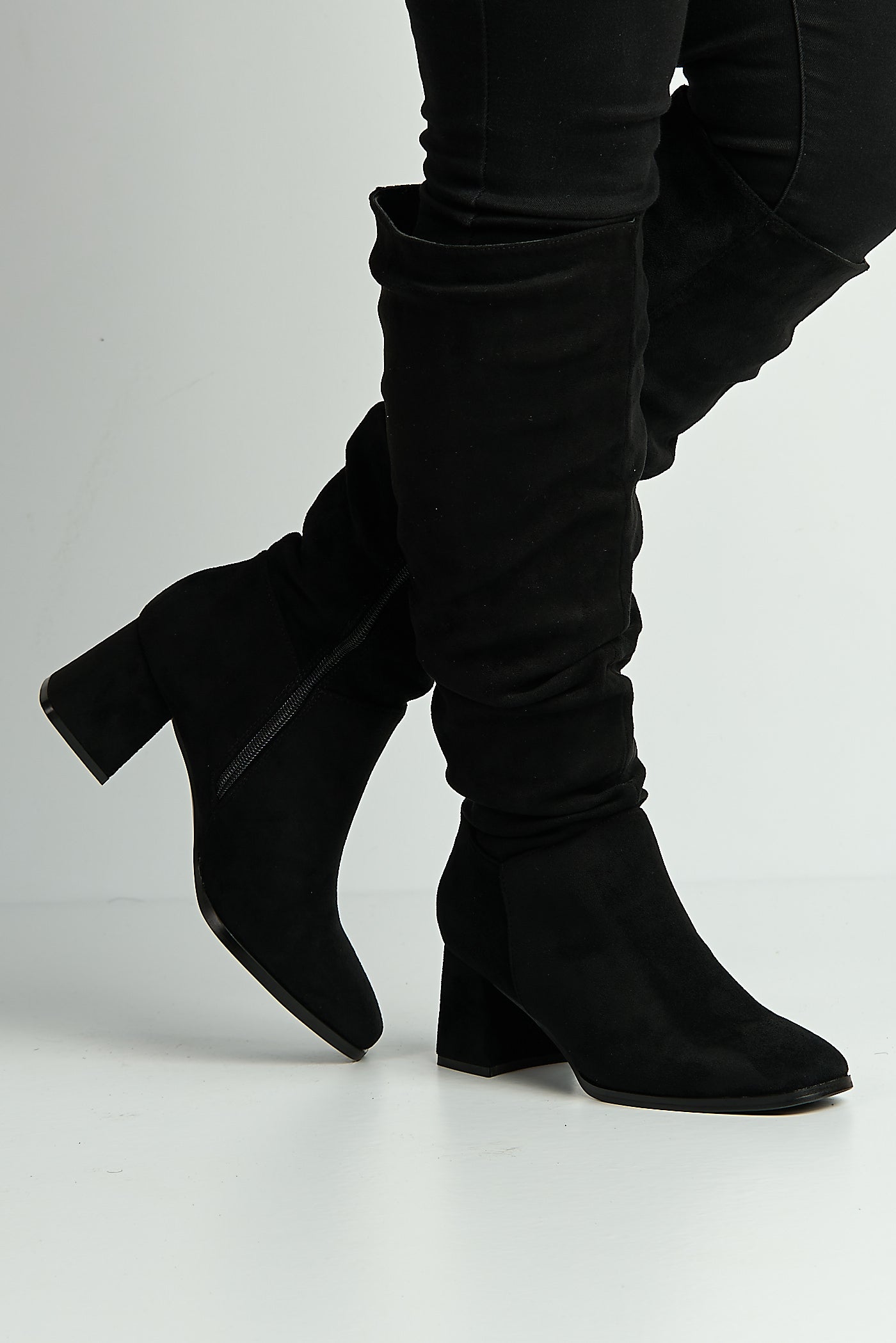 Giana Rouched Block Heel Knee High Boots In Black Suede LS9817-BLKSU