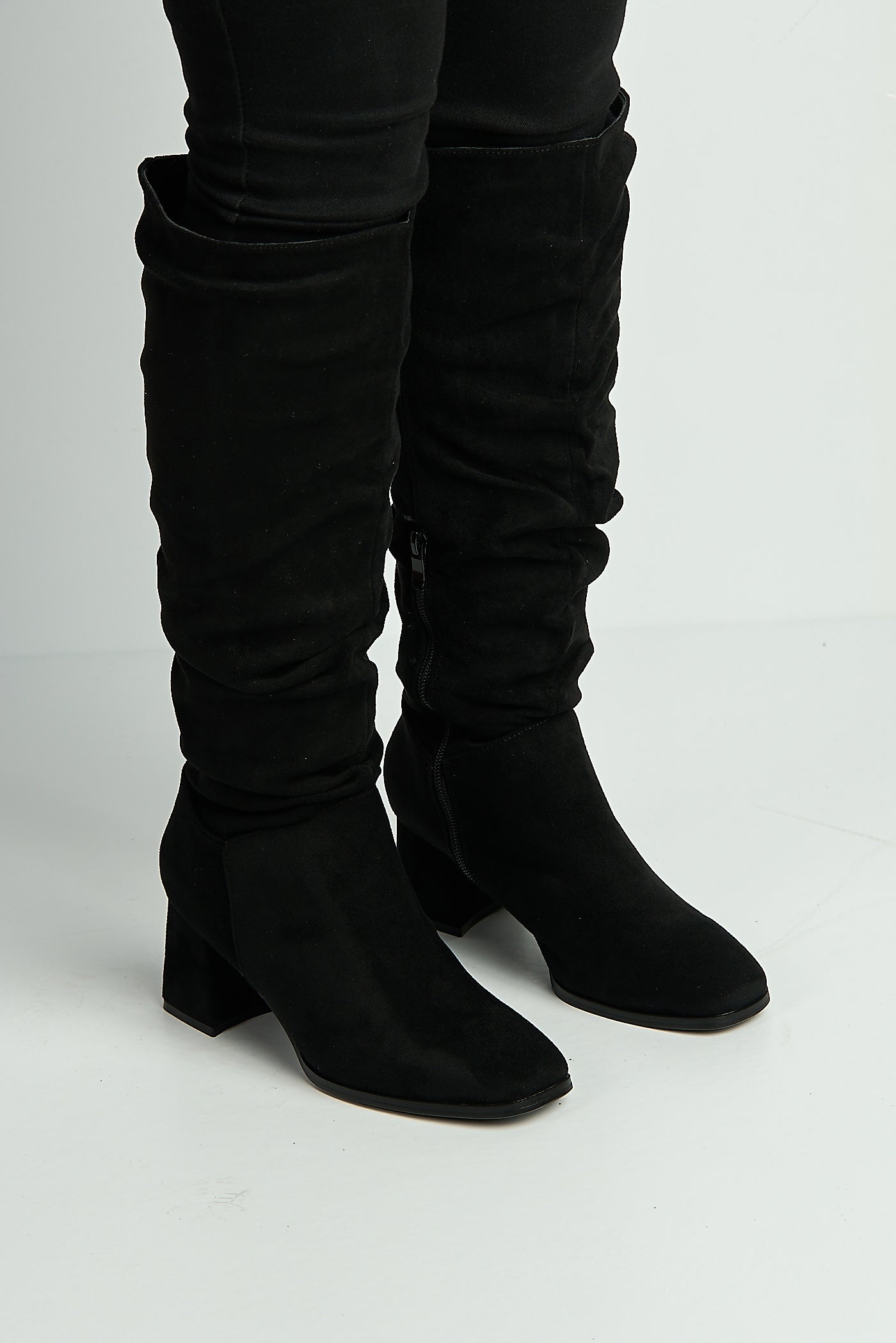 Giana Rouched Block Heel Knee High Boots In Black Suede LS9817-BLKSU