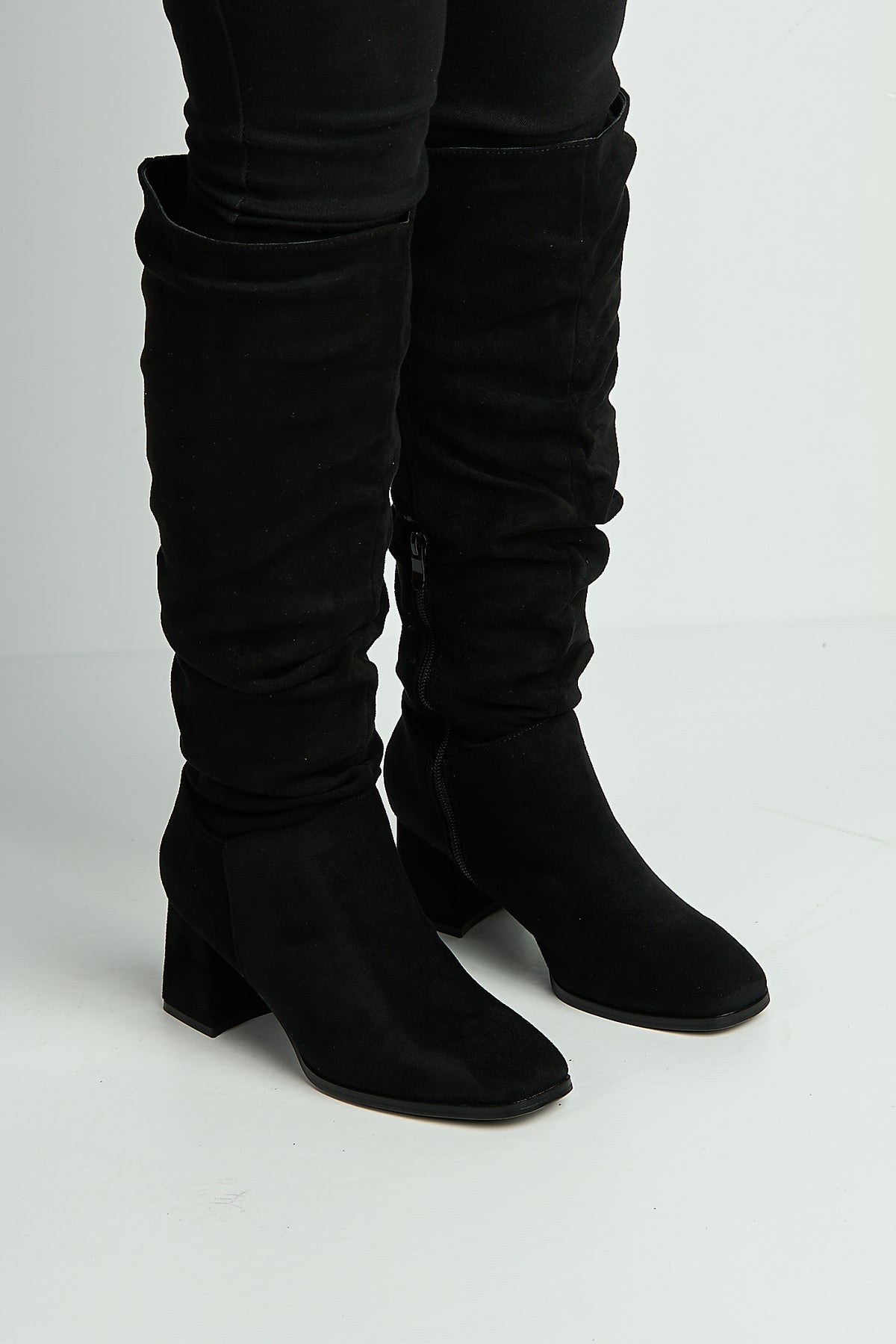 Giana Rouched Block Heel Knee High Boots In Black Suede LS9817-BLKSU