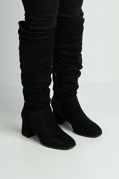 Giana Rouched Block Heel Knee High Boots In Black Suede by Miss Diva
