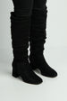 Giana Rouched Block Heel Knee High Boots In Black Suede by Miss Diva