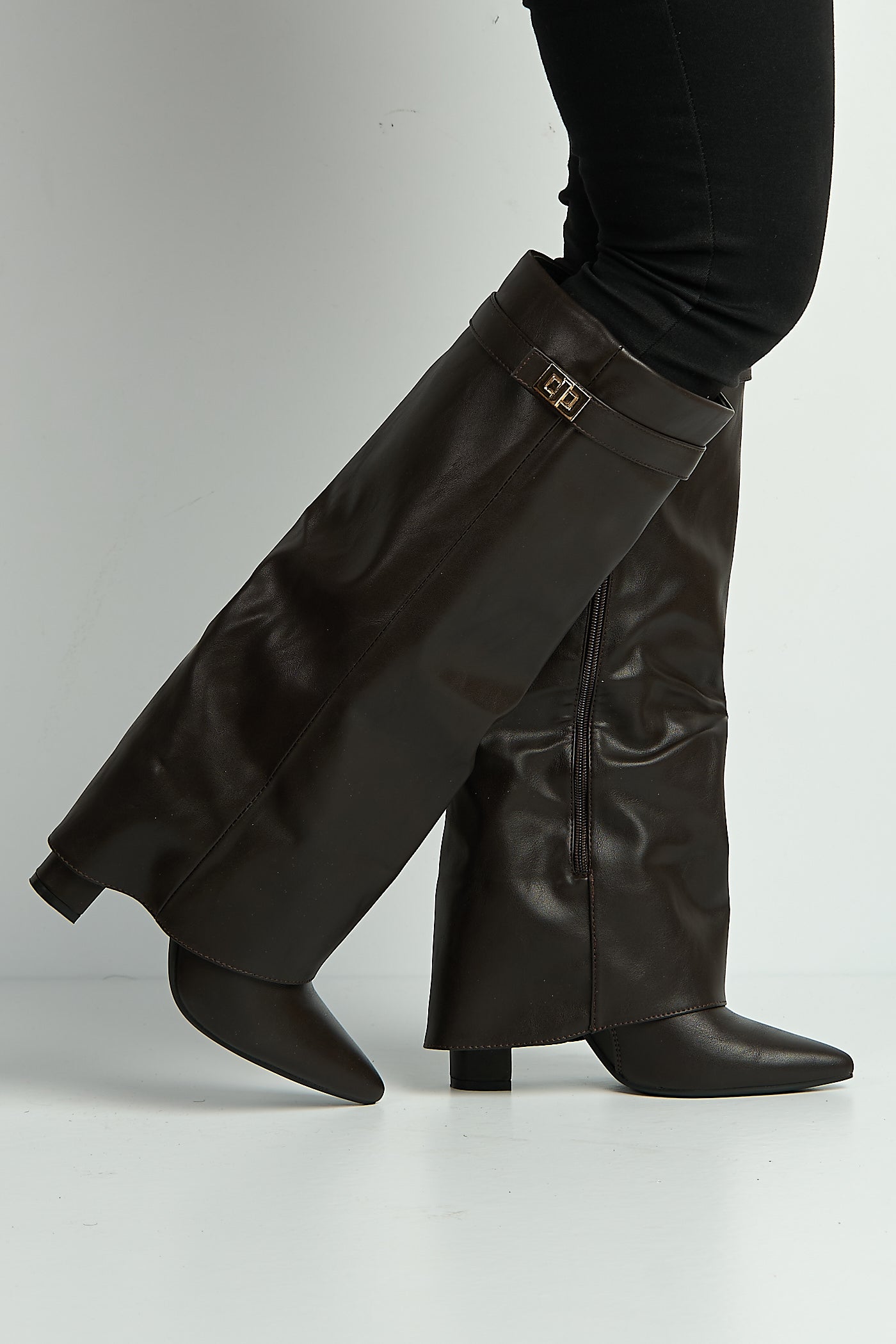 Ayla Block Heel Pointy Toe Gold Trim Buckle Collar Covered Calfboots In Brown Matt BAILEYS14-BRNMT