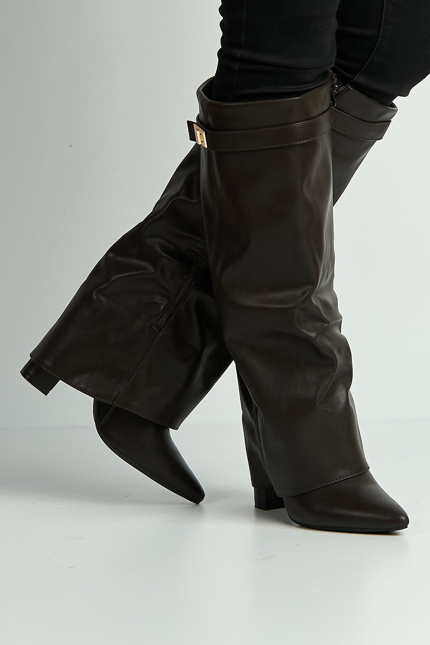 Ayla Block Heel Pointy Toe Gold Trim Buckle Collar Covered Calfboots In Brown Matt BAILEYS14-BRNMT