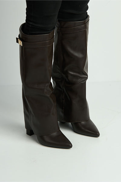 Brown - Ayla Block Heel Pointy Toe Gold Trim Buckle Collar Covered Calfboots In Brown Matt by Miss Diva