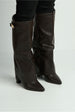 Ayla Block Heel Pointy Toe Gold Trim Buckle Collar Covered Calfboots In Brown Matt by Miss Diva