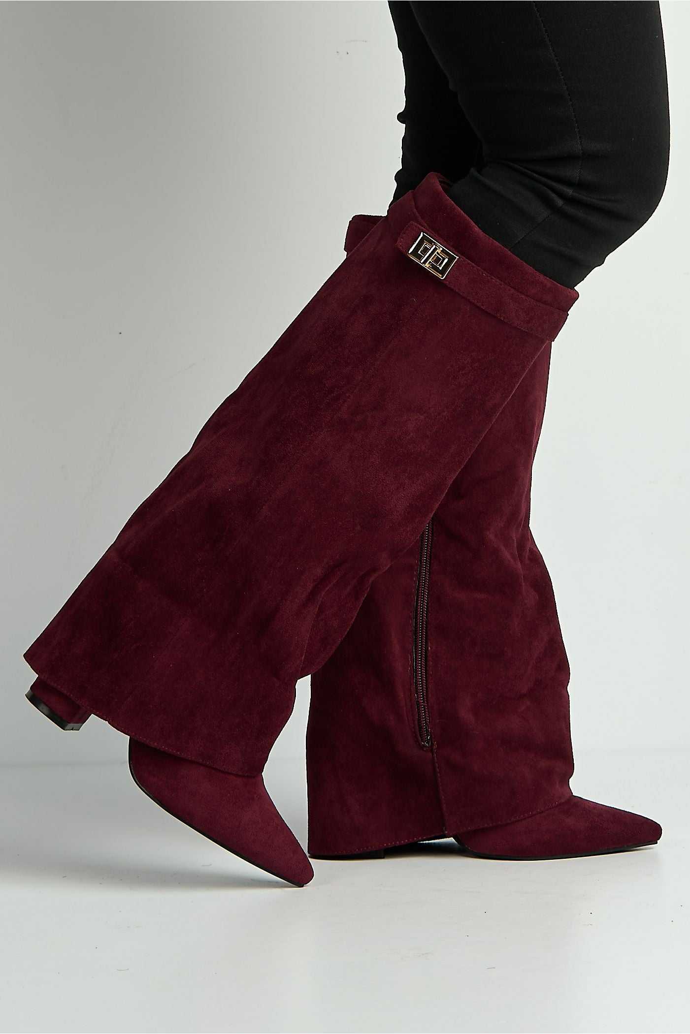 Ayla Block Heel Pointy Toe Gold Trim Buckle Collar Covered Calfboots In Wine Suede BAILEYS14-WINSU
