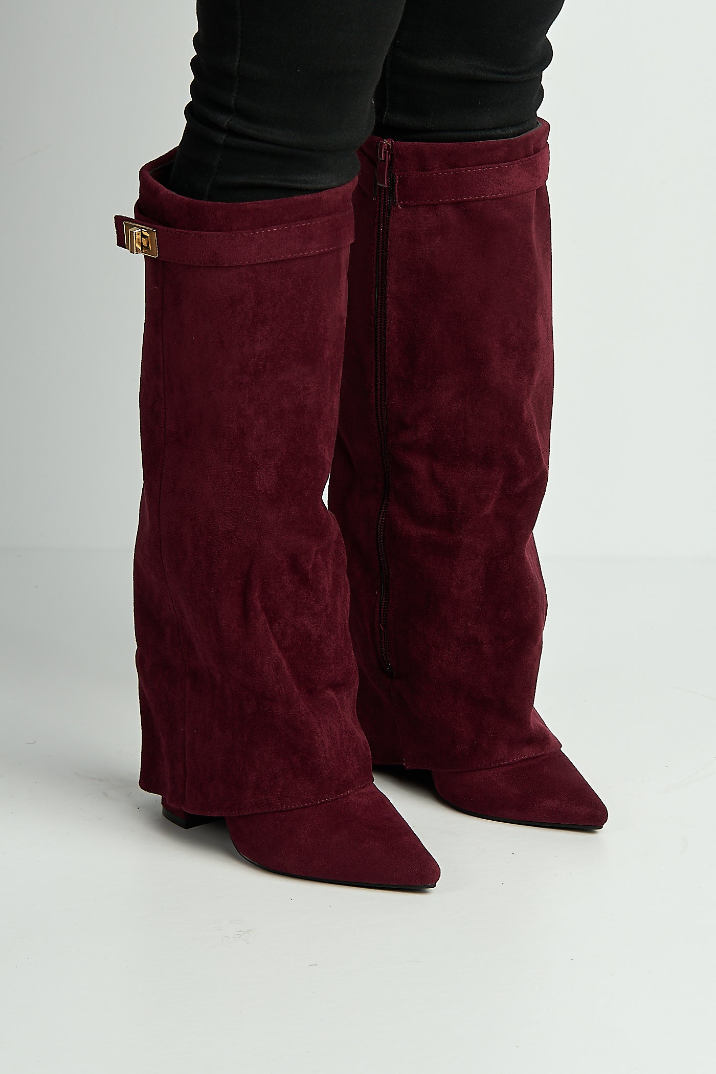 Ayla Block Heel Pointy Toe Gold Trim Buckle Collar Covered Calfboots In Wine Suede BAILEYS14-WINSU
