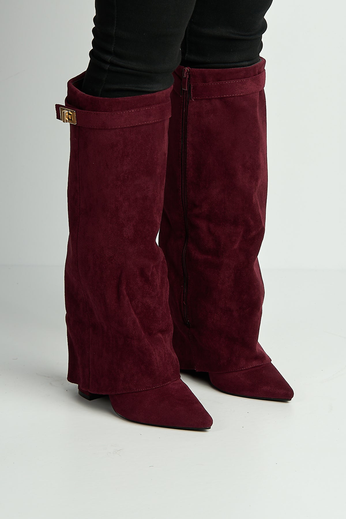 Ayla Block Heel Pointy Toe Gold Trim Buckle Collar Covered Calfboots In Wine Suede BAILEYS14-WINSU