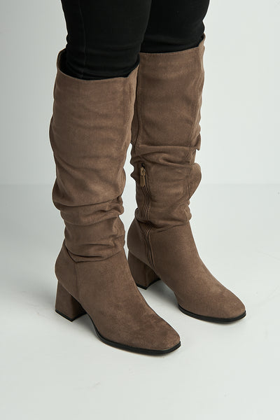 Taupe - Giana Rouched Block Heel Knee High Boots In Taupe Suede by Miss Diva