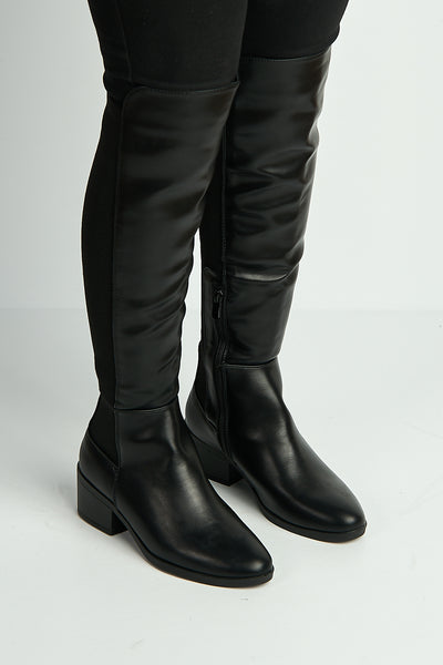 Black - Lira Elastic Back Gusset Low Heel Calf Boots In Black Matt by Miss Diva