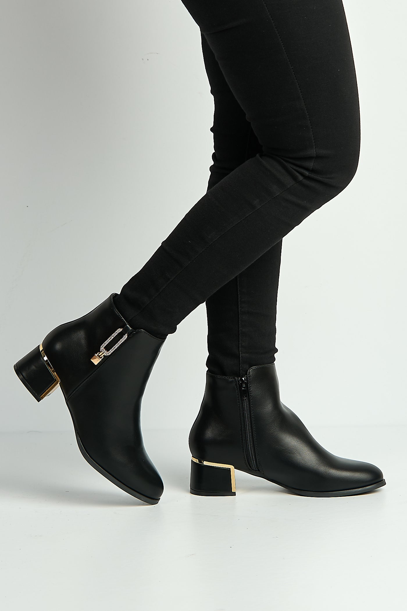 Alita Gold Zip Detail Trim Block Heel Ankle Boots In Black MINSTREL2-BLKMT