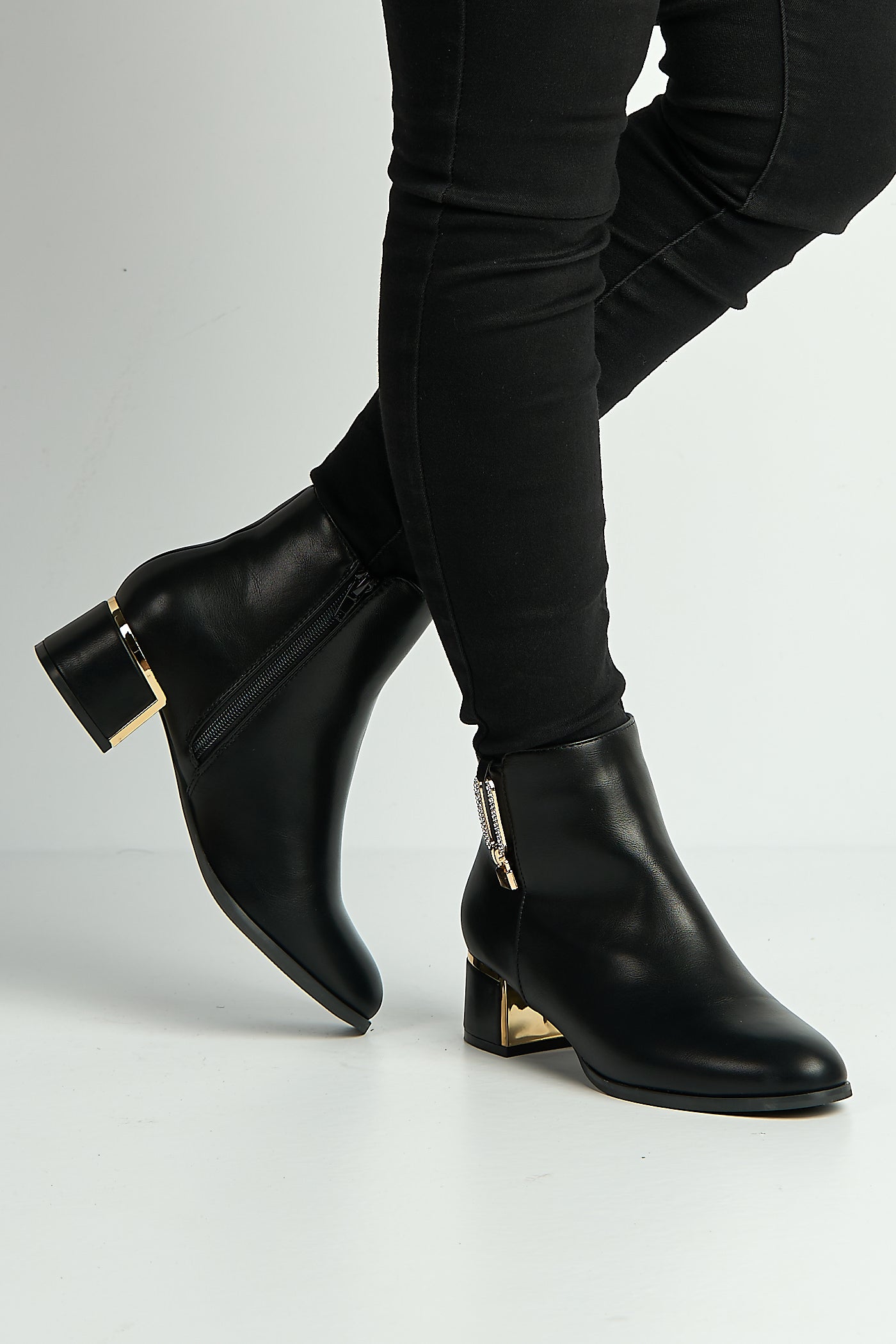 Alita Gold Zip Detail Trim Block Heel Ankle Boots In Black MINSTREL2-BLKMT