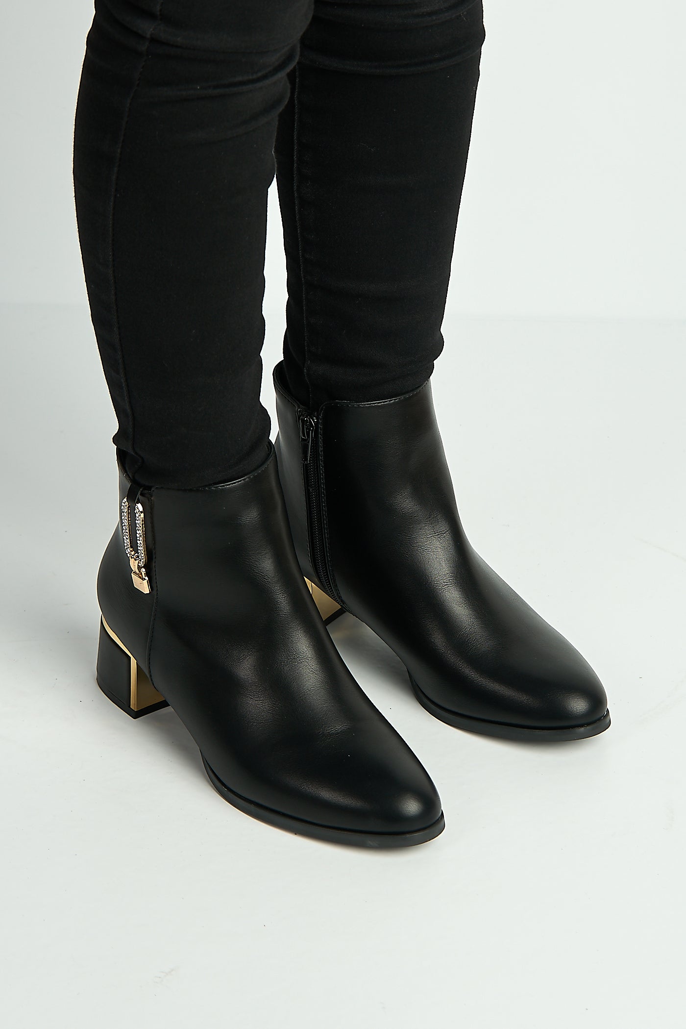 Alita Gold Zip Detail Trim Block Heel Ankle Boots In Black MINSTREL2-BLKMT