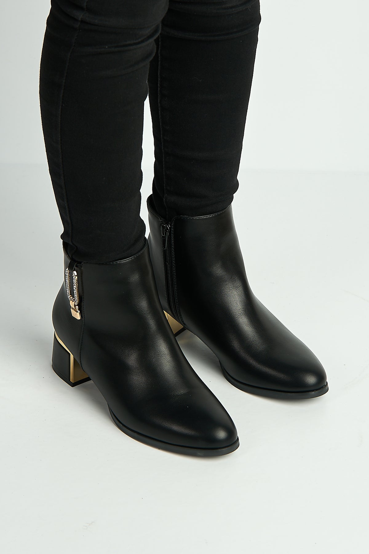Alita Gold Zip Detail Trim Block Heel Ankle Boots In Black MINSTREL2-BLKMT