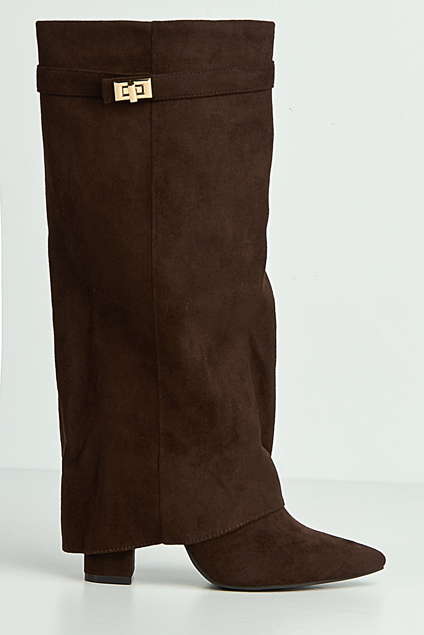 Ayla Block Heel Pointy Toe Gold Trim Buckle Collar Covered Calfboots In Chocolate BAILEYS14-CHOC