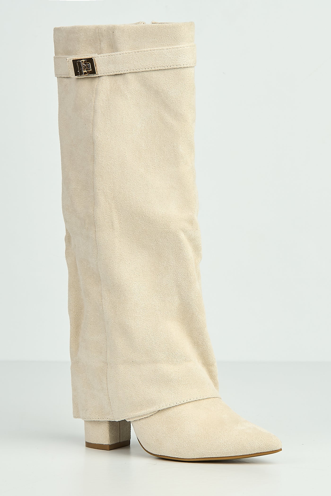 Ayla Block Heel Pointy Toe Gold Trim Buckle Collar Covered Calfboots In Cream Suede BAILEYS14-CRESU