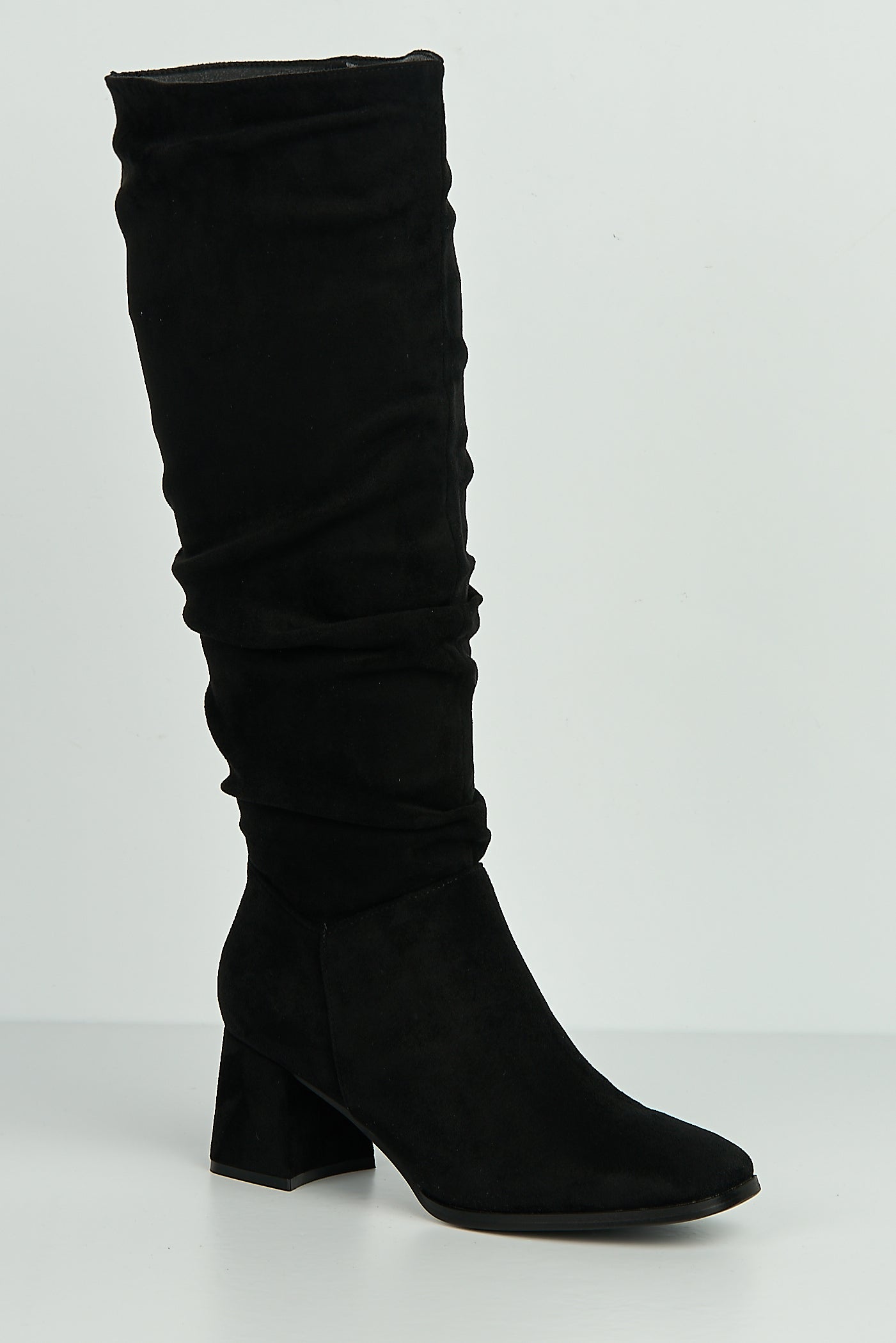 Giana Rouched Block Heel Knee High Boots In Black Suede LS9817-BLKSU
