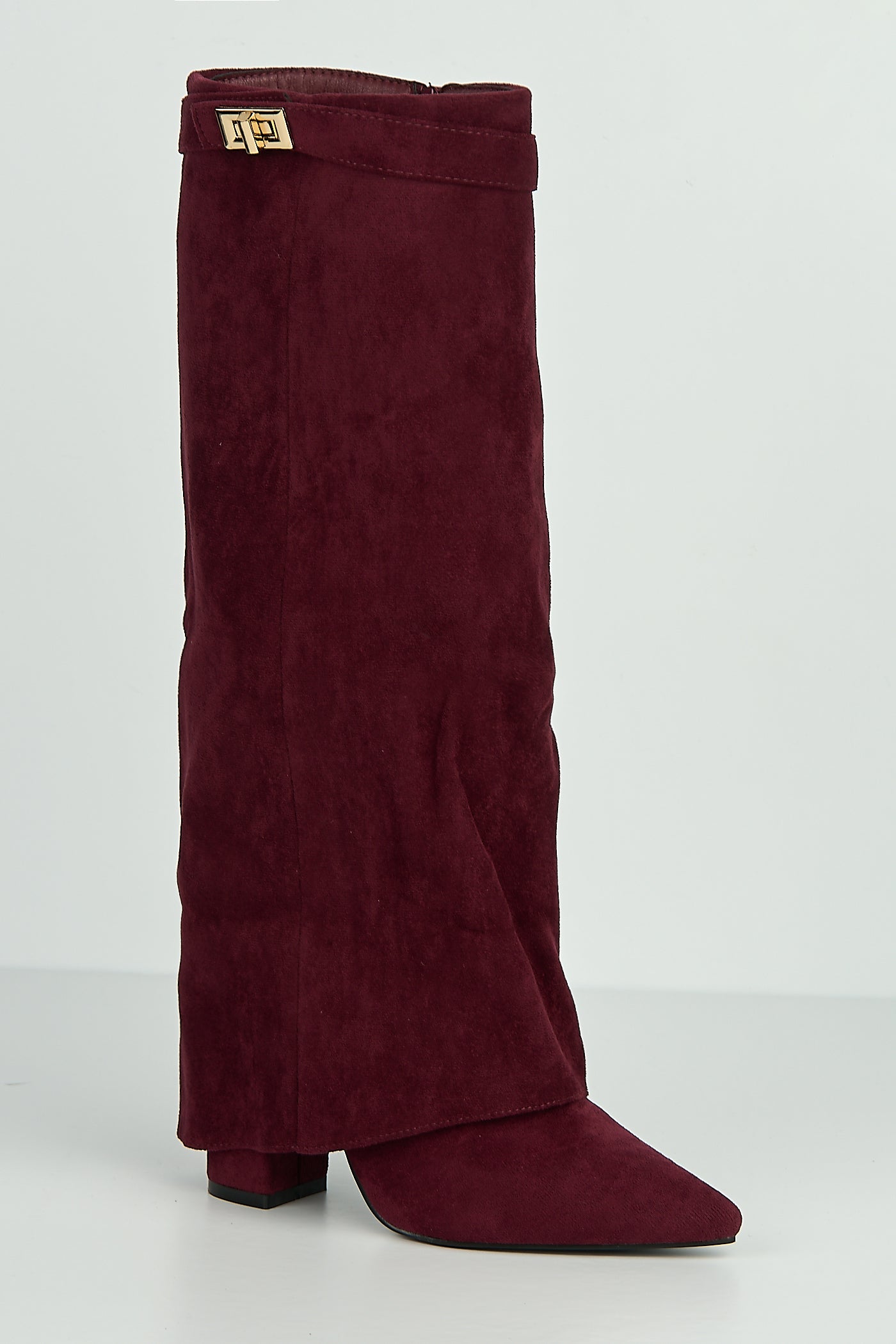 Ayla Block Heel Pointy Toe Gold Trim Buckle Collar Covered Calfboots In Wine Suede BAILEYS14-WINSU