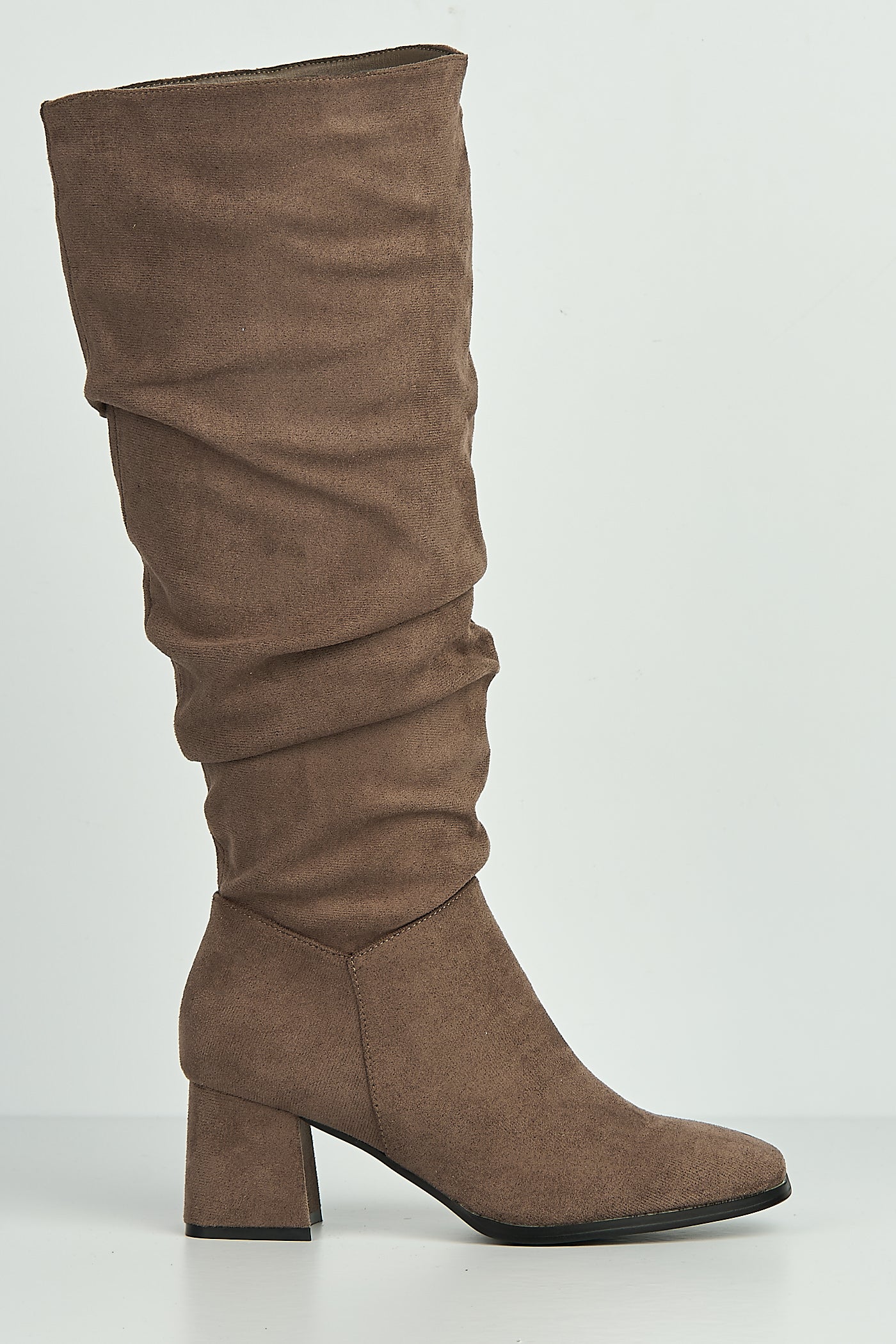 Giana Rouched Block Heel Knee High Boots In Taupe Suede LS9817-TAUSU