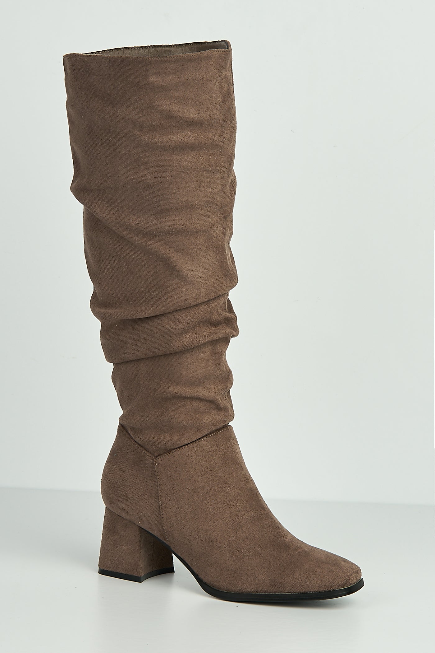 Giana Rouched Block Heel Knee High Boots In Taupe Suede LS9817-TAUSU