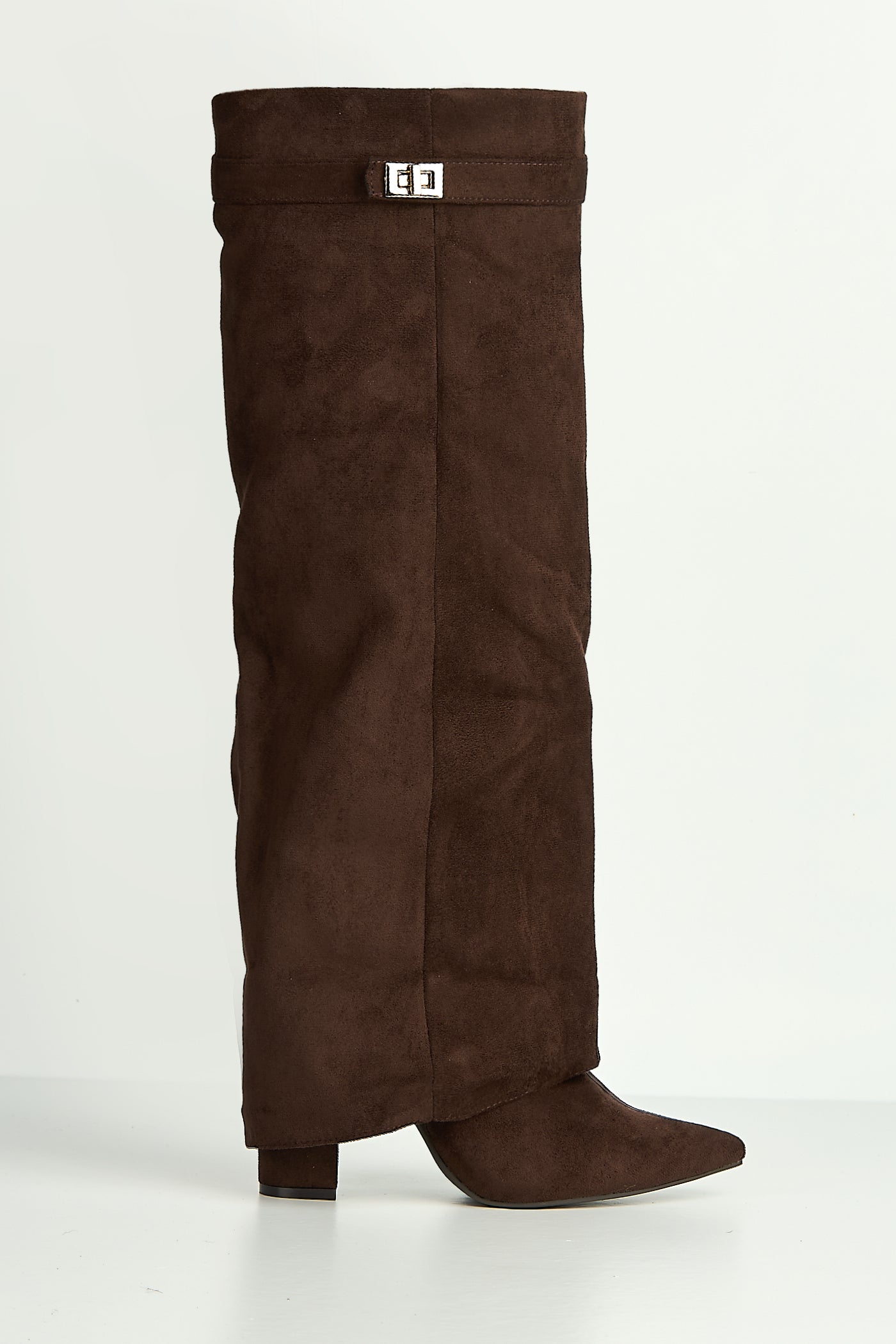 Ayma Knee High Block Heel Gold Trim Buckle Collar Boot In Chocolate RANGER11-CHOC