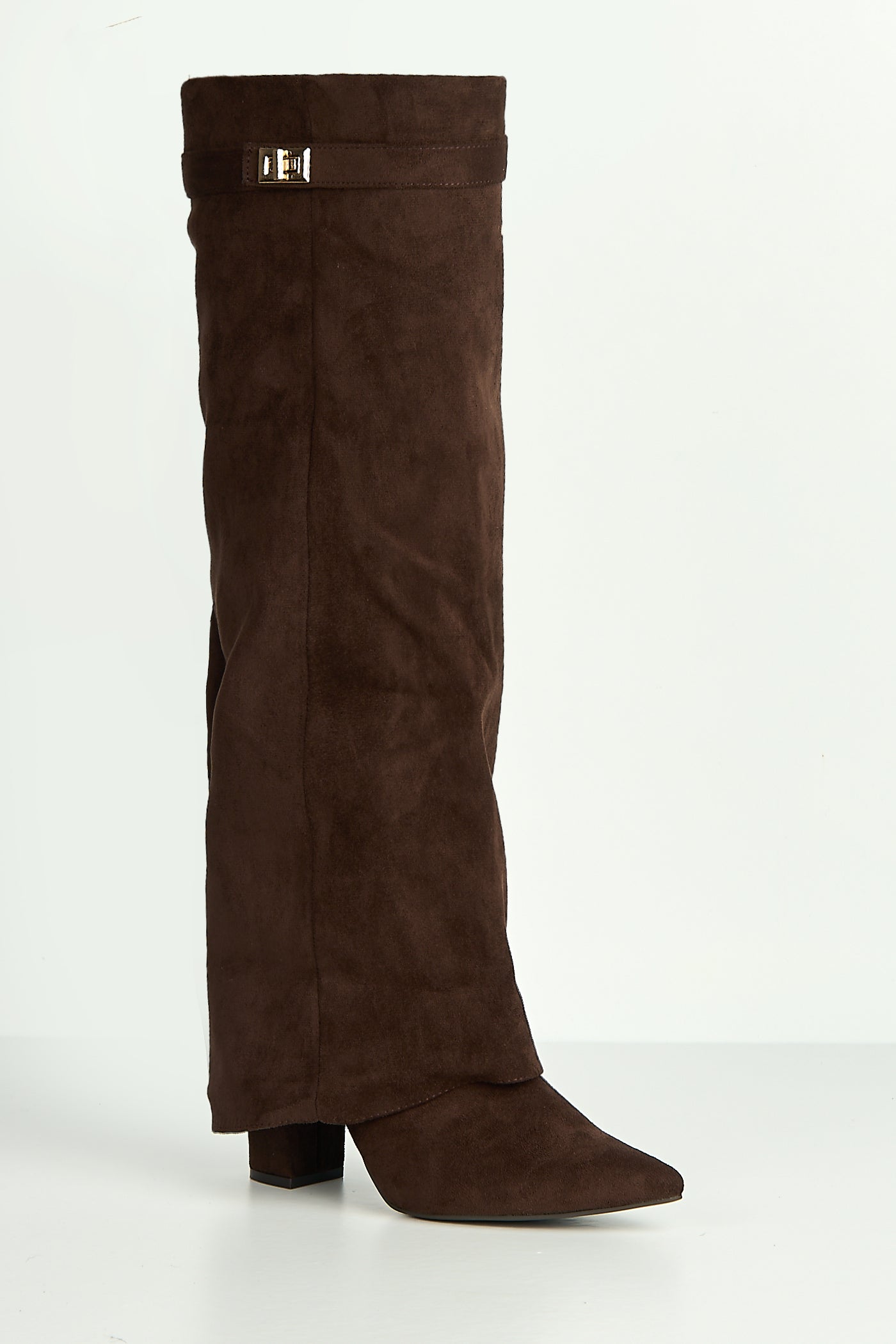 Ayma Knee High Block Heel Gold Trim Buckle Collar Boot In Chocolate RANGER11-CHOC