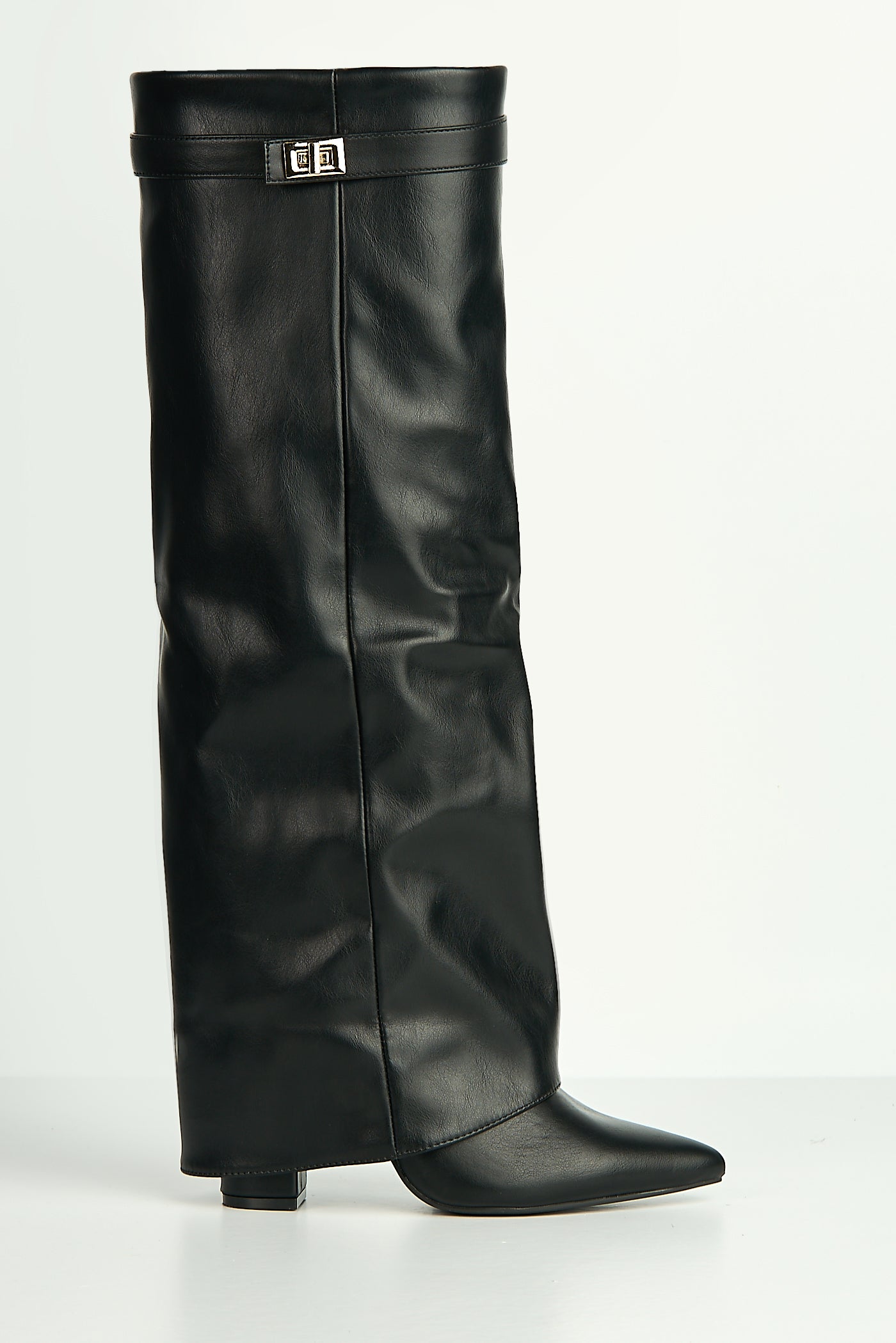 Ayma Knee High Block Heel Gold Trim Buckle Collar Boot In Black Matt RANGER11-BLKMT