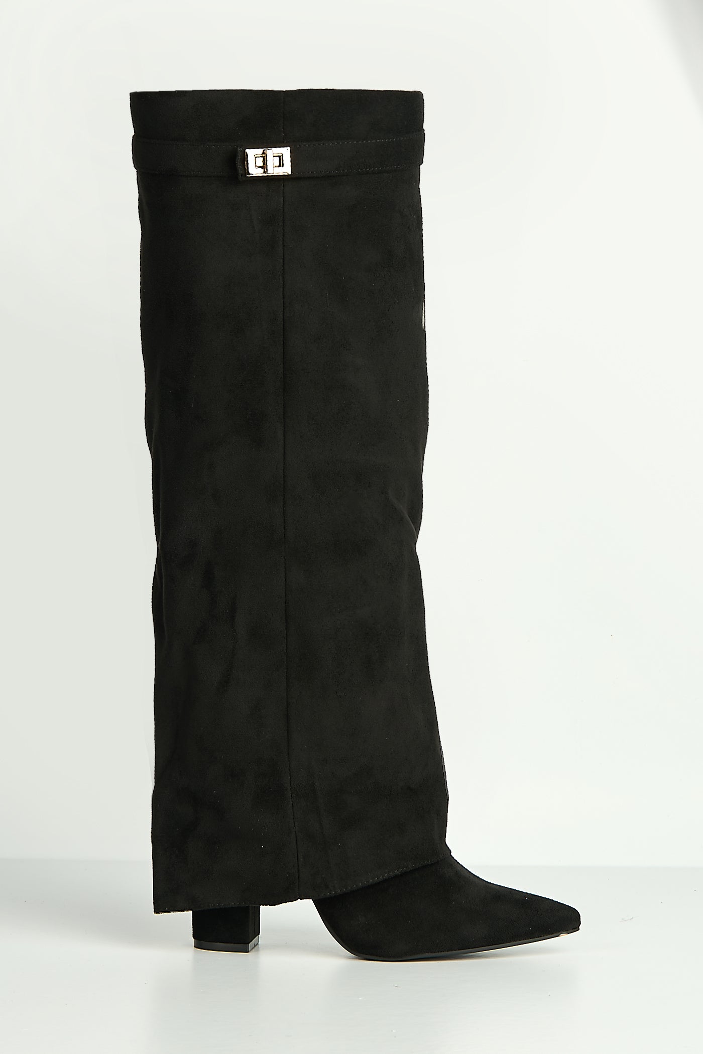 Ayma Knee High Block Heel Gold Trim Buckle Collar Boot In Black Suede RANGER11-BLKSU