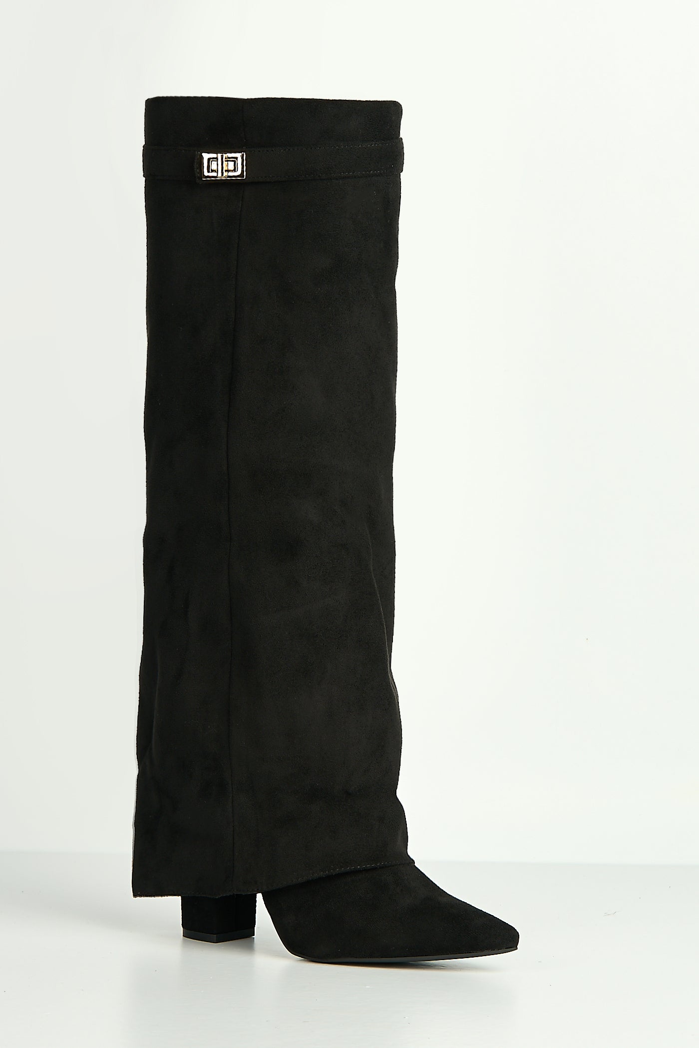 Ayma Knee High Block Heel Gold Trim Buckle Collar Boot In Black Suede RANGER11-BLKSU