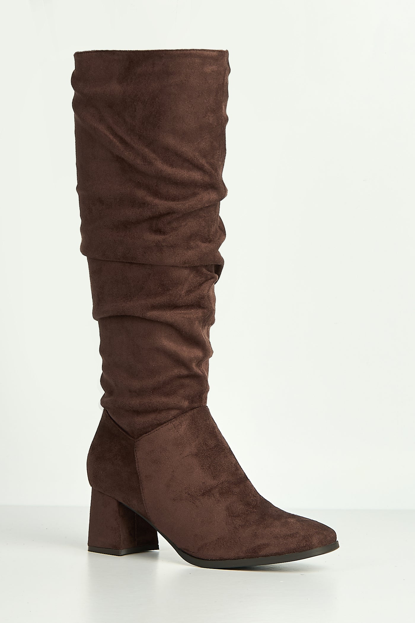 Giana Rouched Block Heel Knee High Boots In Chocolate LS9817-CHOC
