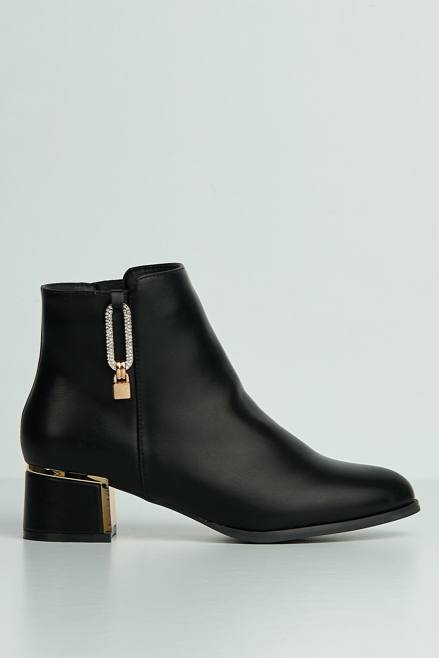 Alita Gold Zip Detail Trim Block Heel Ankle Boots In Black MINSTREL2-BLKMT