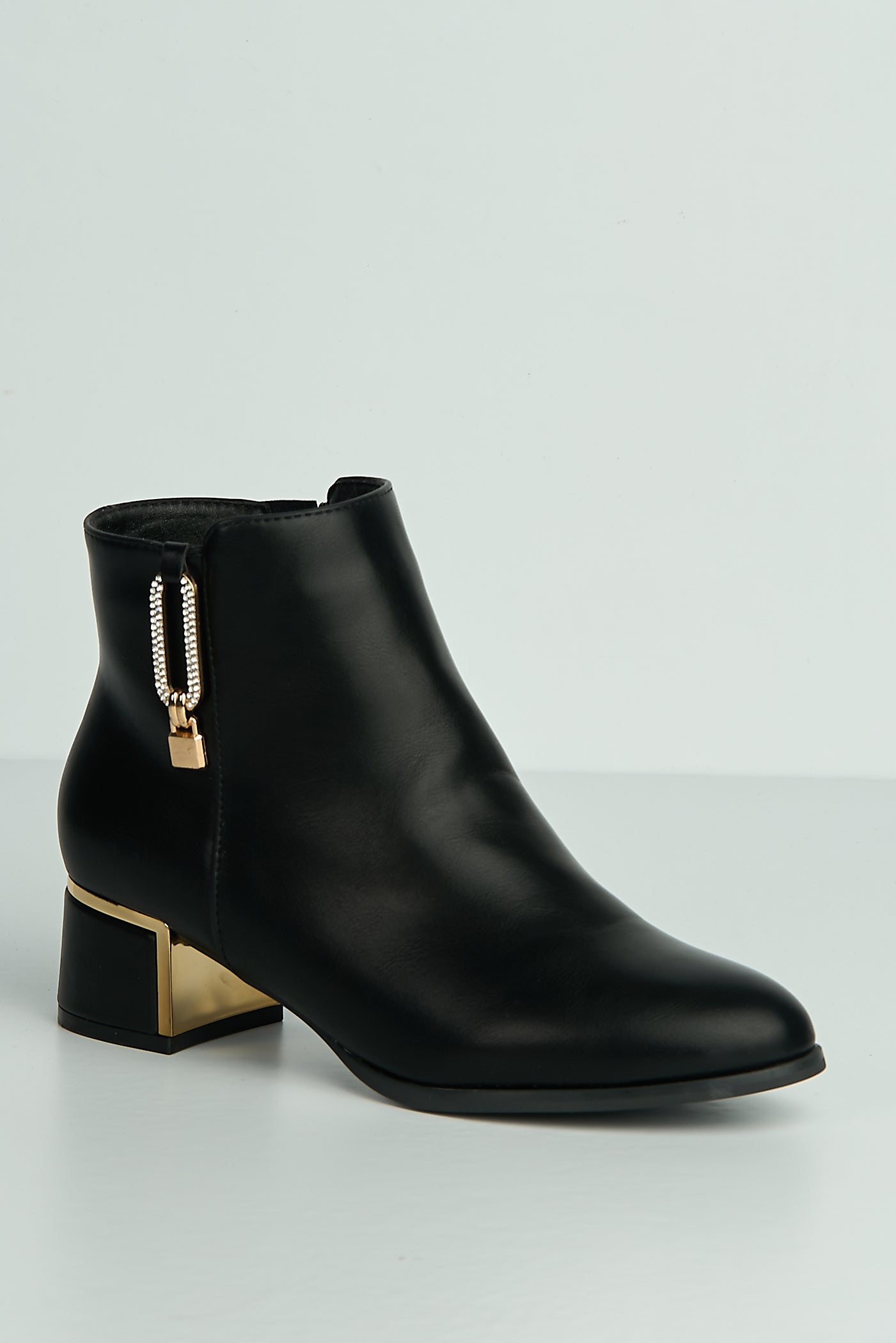 Alita Gold Zip Detail Trim Block Heel Ankle Boots In Black MINSTREL2-BLKMT