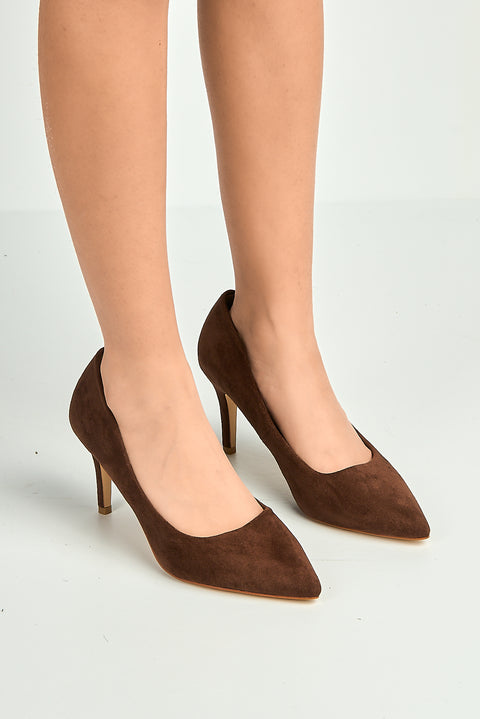 Ingrid Pointed Toe Court Heels In Chocolate by Miss Diva