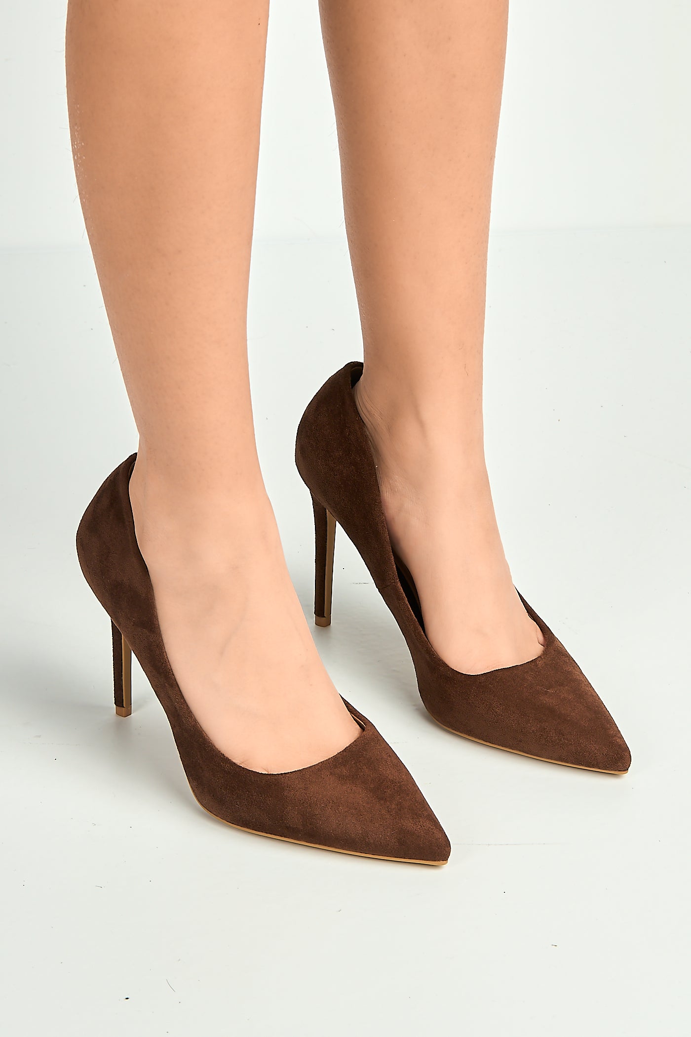 Mila High Stiletto Faux Sued Heel Court Shoe In Chocolate NF-493-CHOC
