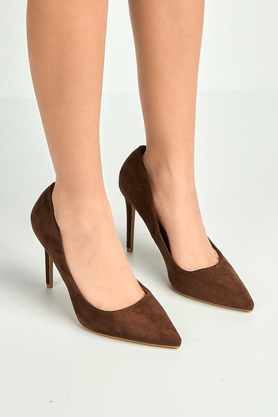 Chocolate - Mila High Stiletto Faux Sued Heel Court Shoe In Chocolate by Miss Diva