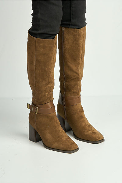 Camel - Leilani Gold Buckle Detail Knee High Block Heel Boots In Camel by Miss Diva