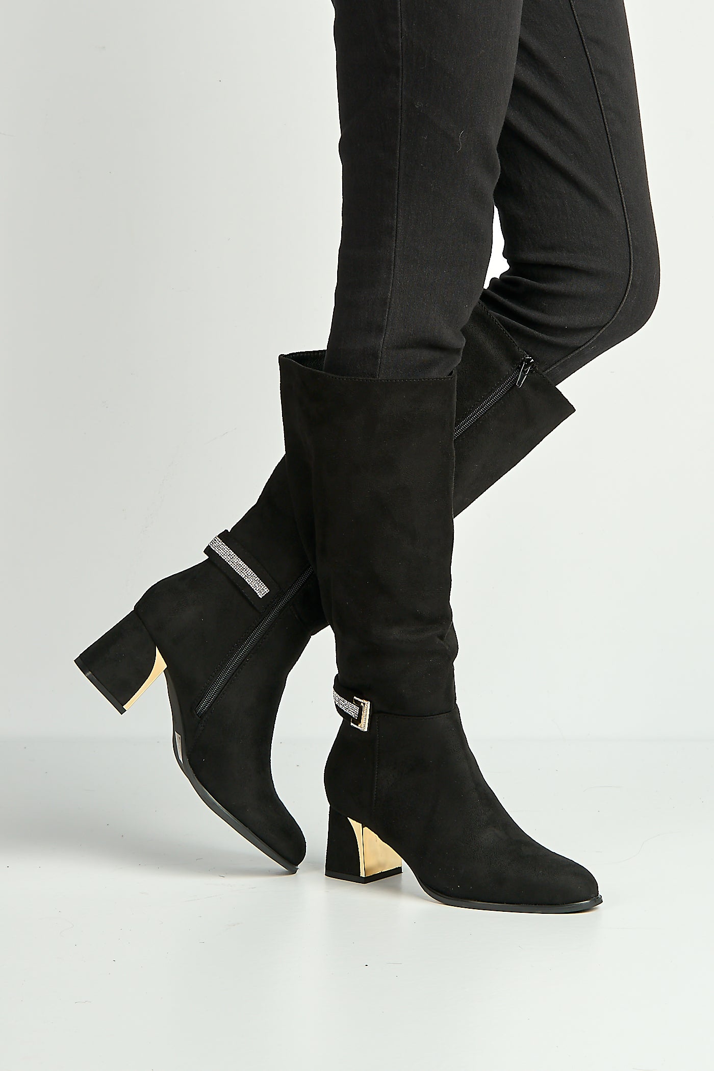 Serenity Gold & Diamante Trim Block Heel Knee High Boots In Black CARAMEL2-BLKSU