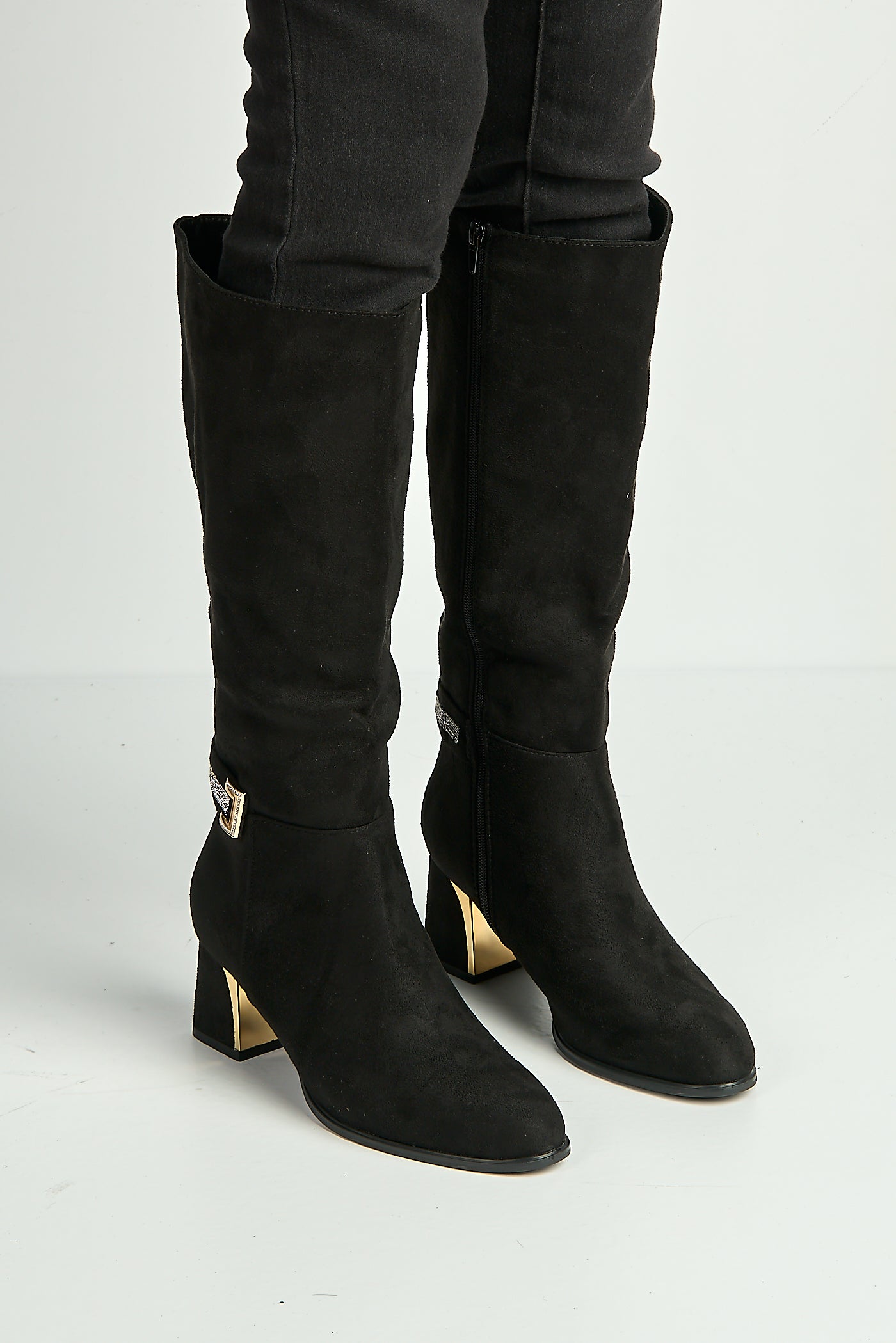 Serenity Gold & Diamante Trim Block Heel Knee High Boots In Black CARAMEL2-BLKSU