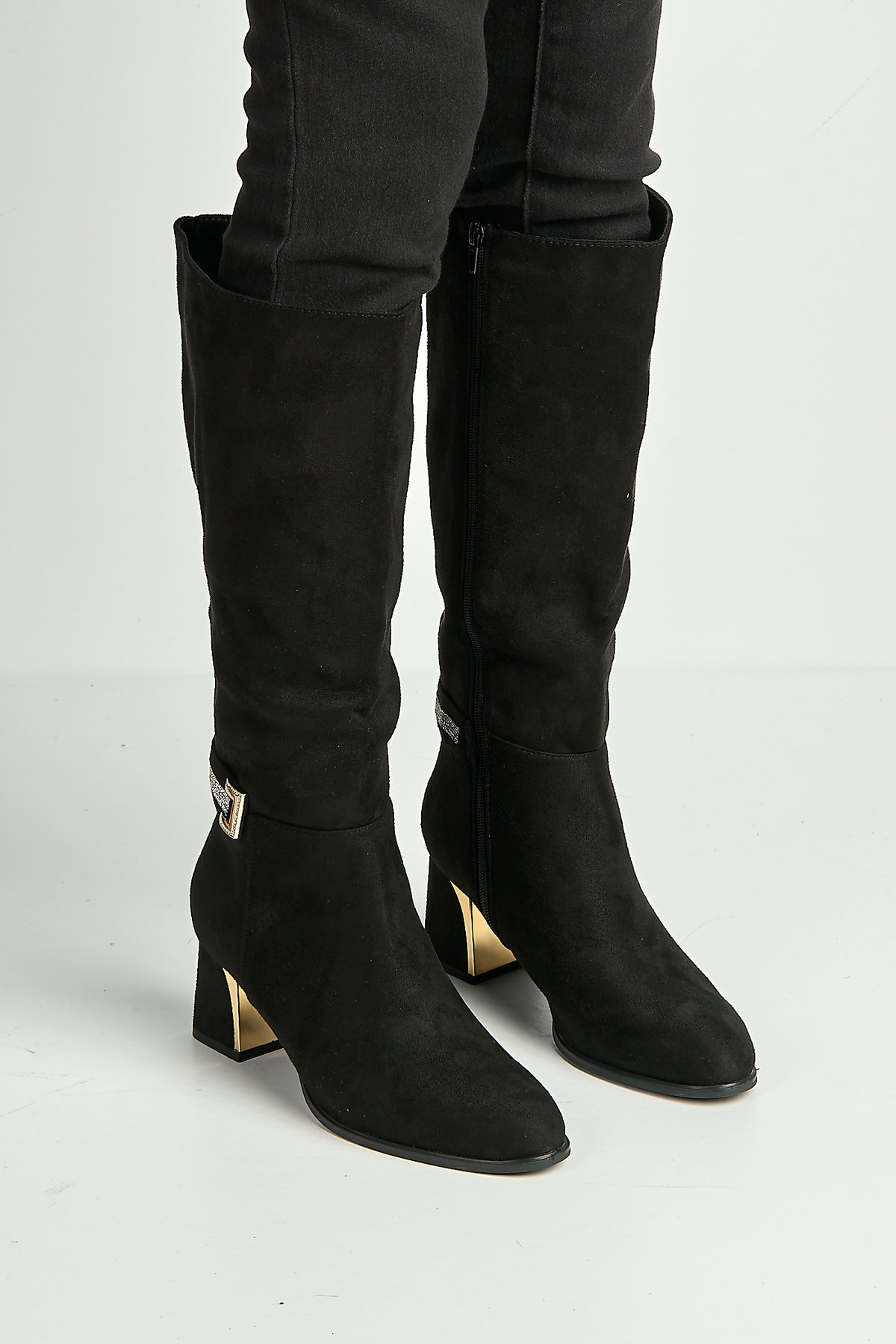 Serenity Gold & Diamante Trim Block Heel Knee High Boots In Black CARAMEL2-BLKSU