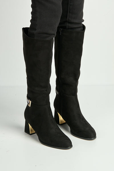 Black - Serenity Gold & Diamante Trim Block Heel Knee High Boots In Black by Miss Diva