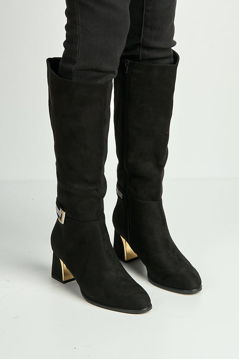 Serenity Gold & Diamante Trim Block Heel Knee High Boots In Black by Miss Diva