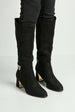 Serenity Gold & Diamante Trim Block Heel Knee High Boots In Black by Miss Diva
