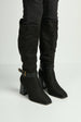 Leilani Gold Buckle Detail Knee High Block Heel Boots In Black by Miss Diva
