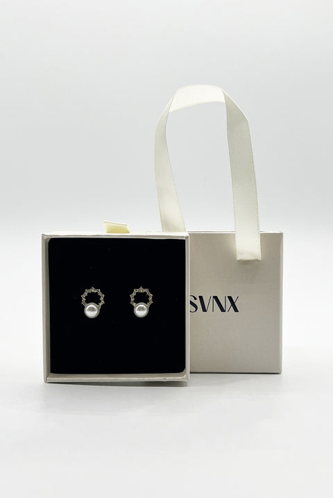 Pearl Stud Earring On Diamante Circular Wreath - Gift Boxed by SVNX